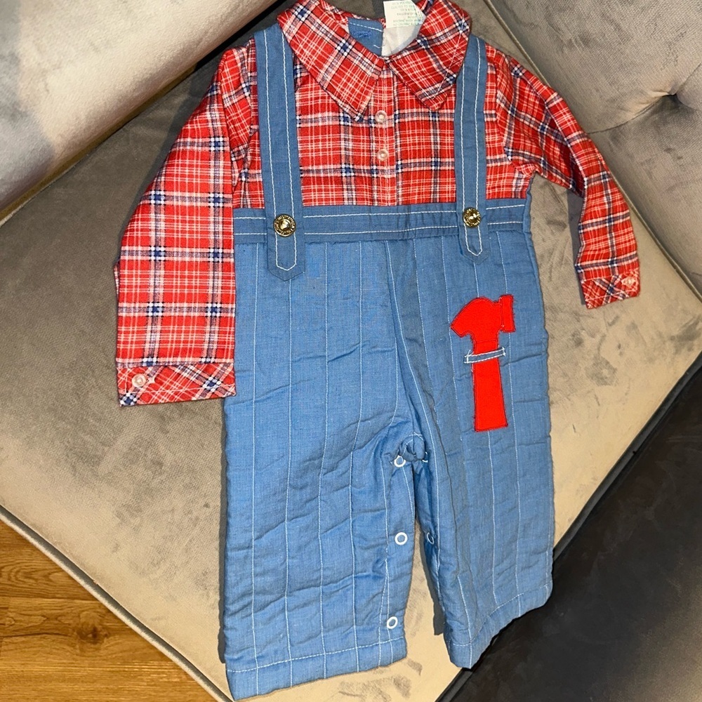 Tiny Tots Originals Puritan Red Plaid and Blue Kids Overalls with Patch